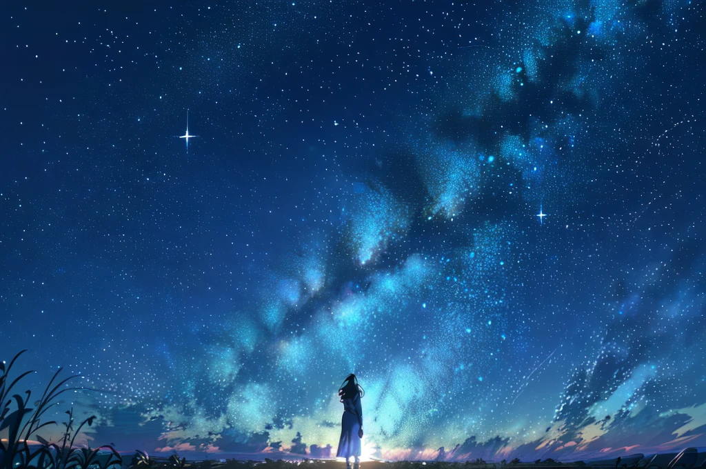 starry night sky with a person standing on a hill looking at the stars, cosmic skies. by makoto shinkai, star(sky) starry_sky, anime movie background, 4k anime wallpaper, starry sky 8 k, beautiful wallpaper, starry sky, amazing wallpaper, anime wallpaper 4k, anime wallpaper 4 k, makoto shinkai!