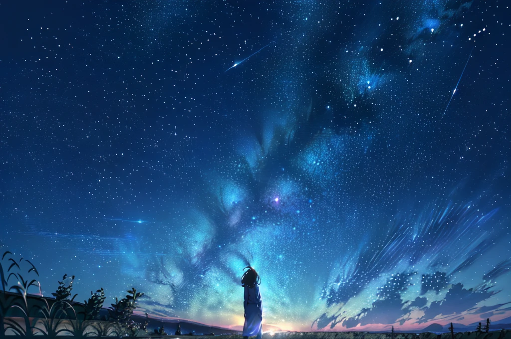 starry night sky with a person standing on a hill looking at the stars, cosmic skies. by makoto shinkai, star(sky) starry_sky, anime movie background, 4k anime wallpaper, starry sky 8 k, beautiful wallpaper, starry sky, amazing wallpaper, anime wallpaper 4k, anime wallpaper 4 k, makoto shinkai!