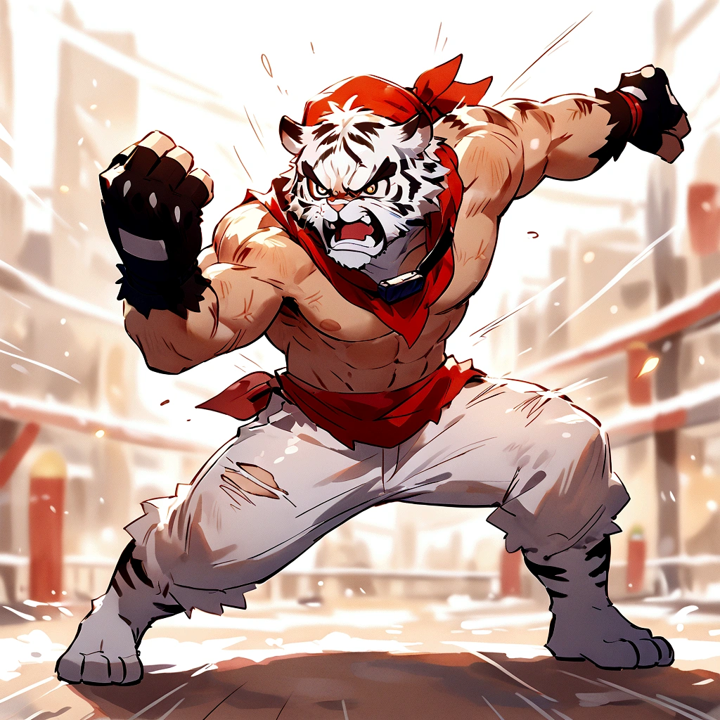 An athletic, muscular anthro white tiger wearing torn jeans and no shirt, wearing fingerless gloves, wearing a red bandana around neck, in a fighting pose, angry, gritty looking, sketchy lines