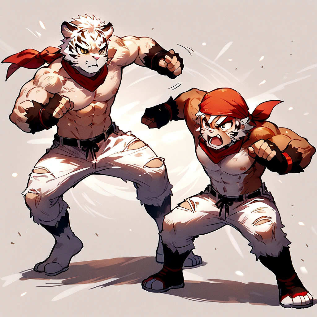 An athletic, muscular anthro white tiger wearing torn jeans and no shirt, wearing fingerless gloves, wearing a red bandana around neck, in a fighting pose, angry, gritty looking, sketchy lines