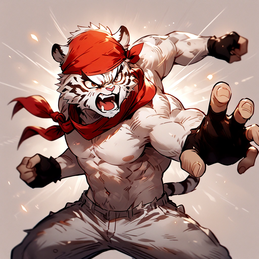 An athletic, muscular anthro white tiger wearing torn jeans and no shirt, wearing fingerless gloves, wearing a red bandana around neck, in a fighting pose, angry, gritty looking, sketchy lines