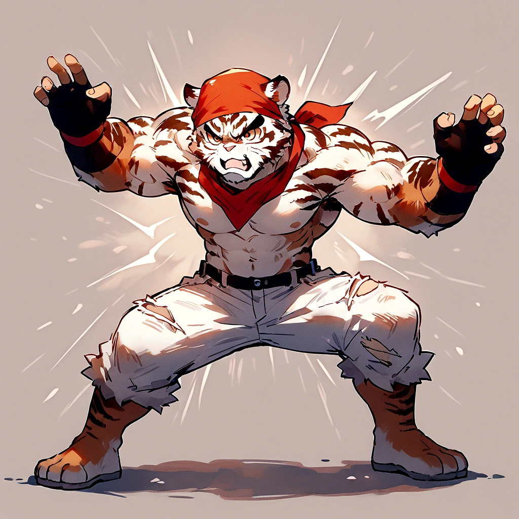 An athletic, muscular anthro white tiger wearing torn jeans and no shirt, wearing fingerless gloves, wearing a red bandana around neck, in a fighting pose, angry, gritty looking, sketchy lines