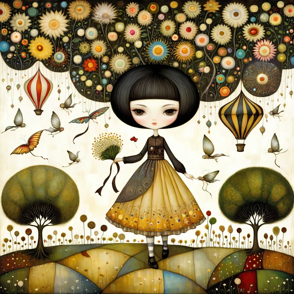 Patchwork by Klimt, Nicoletta Ceccoli, Naoto Hattori, Lawrence Didier, Leonora Carrington of European Woman with short black hair and a long, wide skirt collects flowers  from small trees. Kites, white dandelion flowers. 
