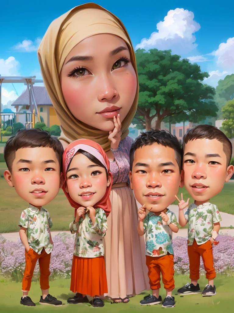 cartoon of a family of four standing in front of a playground, Woman wearing hijab,And wear a long skirt, caricature illustration, in cartoon style, caricature style, digital art cartoon, potrait, cartoon digital art, cartoon digital painting, cartoon portrait, realism artstyle, realistic cartoon, cartoon artstyle, an indonesian family portrait, charicature, cartoon art, cartoon style illustration, children, by Abidin Dino