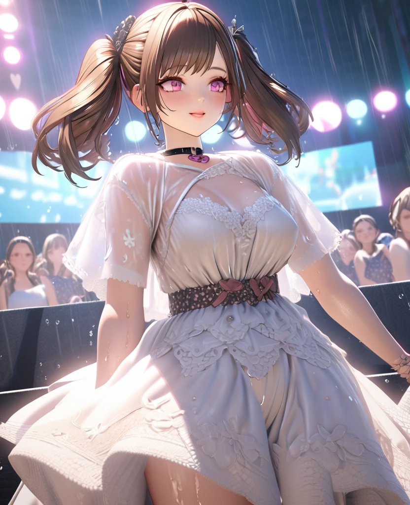 one girl, staring at the audience, beautiful pink eyes, brown hair in short twin tails, mole under eye, plump glossy lips, heart shaped choker, idol, her name is Mei, smiling, . . . 3D, realistic, idol's costume was drenched in heavy rain, her chest was wet and see-through, heavy rain at outdoor concert, draped clothes, jewelry and decorations removed, floral patterns, lace trim, glittering on stage, masterpiece, best quality, 8k, detailed skin texture, detailed fabric texture, beautifully detailed face, intricate details, highly detailed, ultra high resolution, 8k Ultra HD, film grain, best shadows, delicate, staring at the audience, front