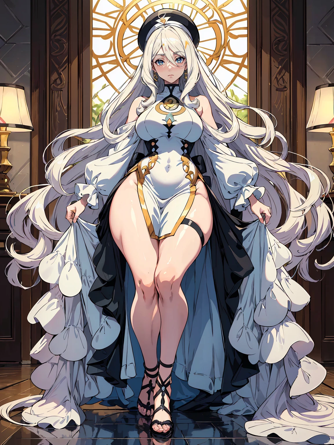 handsome mature woman，Long wavy white hair，Hyperresolution，accuracy，Detailed rendering，（Subtle facial image）（Image of fine hair）（topquality）（Masterpieces of masters）（High degree of completeness）（A sense of atmosphere）tmasterpiece，Super detailed and super detailed（half-body portrait）((Masterpiece, Highest quality)), Detailed face, CharacterDesignSheet, full bodyesbian, Full of details, Multiple poses and expressions, Highly detailed, Depth, Many parts，Beautiful，Extremely beautiful，High Balance, Natural light, drawn art style, white hair, curly hair down to ankles, ankle length hair, (((Ankle length hair))) (((thick hair))) (((pokemon trainer)))(((Pokemon gym leader))))(((Gym clothes)))(((Sporty outfit)))(((nO DRESS))) (((bAEBALL CAP)))