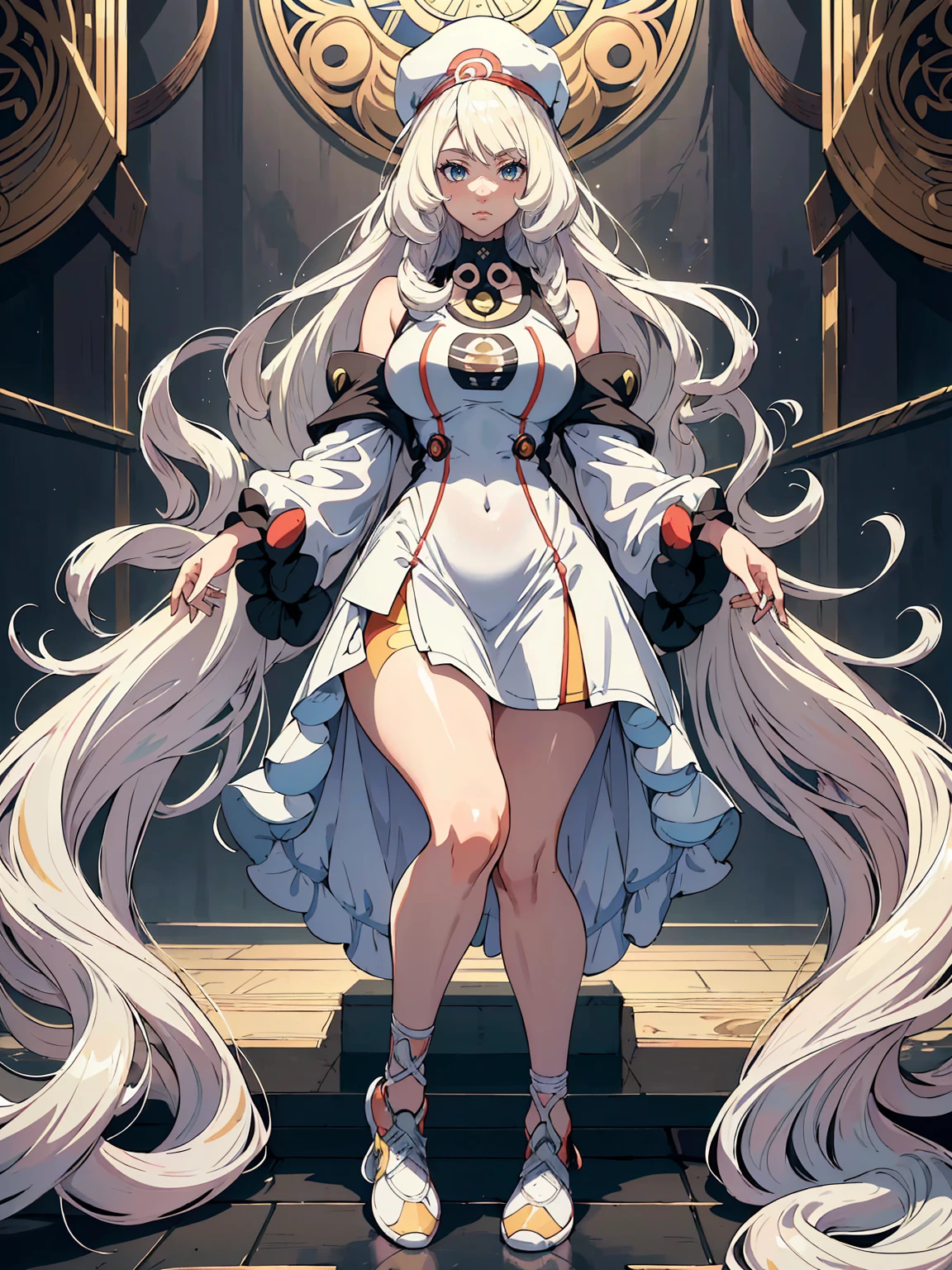 handsome mature woman，Long wavy white hair，Hyperresolution，accuracy，Detailed rendering，（Subtle facial image）（Image of fine hair）（topquality）（Masterpieces of masters）（High degree of completeness）（A sense of atmosphere）tmasterpiece，Super detailed and super detailed（half-body portrait）((Masterpiece, Highest quality)), Detailed face, CharacterDesignSheet, full bodyesbian, Full of details, Multiple poses and expressions, Highly detailed, Depth, Many parts，Beautiful，Extremely beautiful，High Balance, Natural light, drawn art style, white hair, curly hair down to ankles, ankle length hair, (((Ankle length hair))) (((thick hair))) (((pokemon trainer)))(((Pokemon gym leader))))(((Gym clothes)))(((Sporty outfit)))(((nO DRESS))) (((bAEBALL CAP)))(((Gym outfit)))(((Workout outfit)))