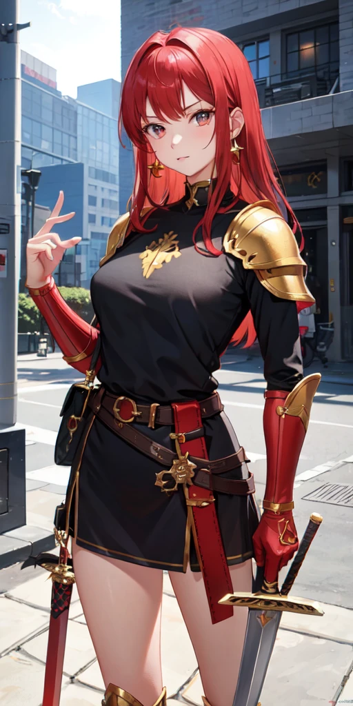 1girl, red hair, armor, sword, gold earrings, belt bag