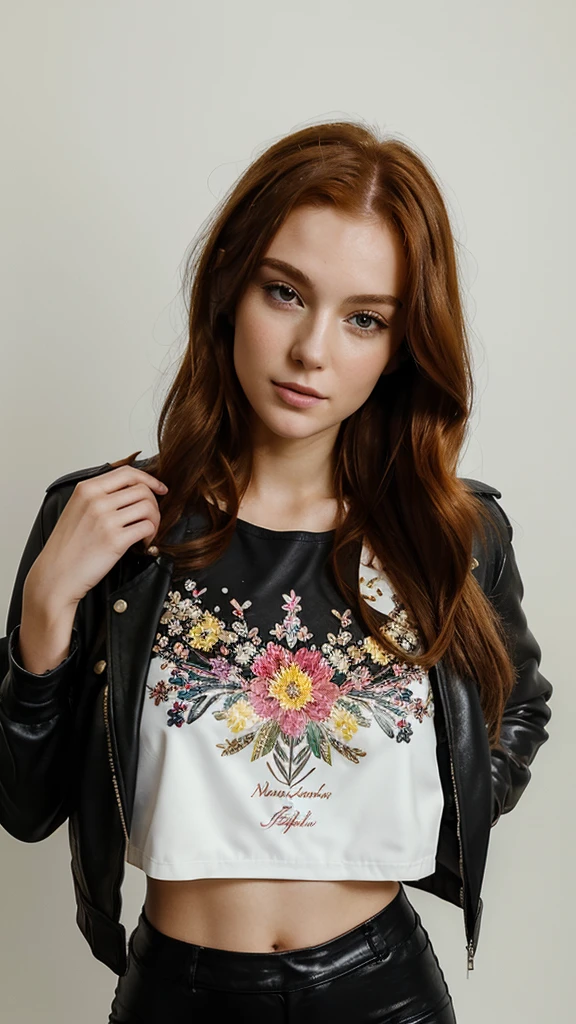 (((Masterpiece))), 25-year-old Caucasian French girl with shoulder-length messy red hair, adorned with crystal glow, blooming hair akin to . Certainly!
holding a white advertising banner, wearing a black leather jacket, yellow top, black leggings, black background