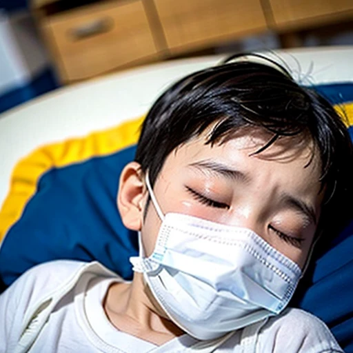 Handsome  with infectious disease、Appearance of suffering. He is wearing a white mask. He has a high fever. he is sleeping. He has a cough. He is exhausted. He is taking his temperature with a thermometer. He is dying. He is cooling his forehead with a cooling gel sheet..Are crying