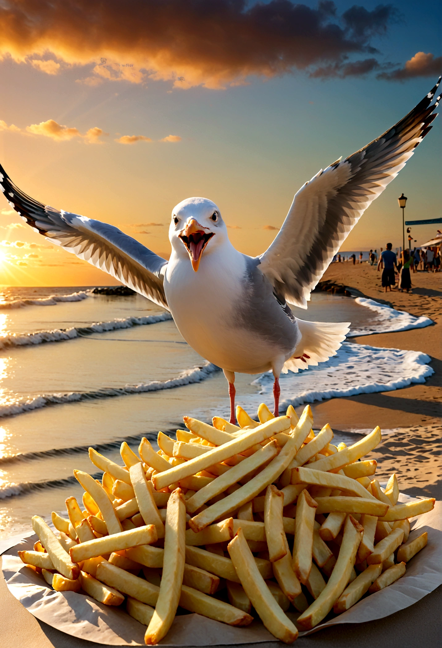 Seagull and Fries, seagull, french fries, beach, sunset, dramatic sky, ocean waves, sandy shore, food on the beach, hungry seagull, seagull reaching for fries, detailed seagull, detailed french fries, 8k, highly detailed, vivid colors, dramatic lighting, cinematic, golden hour, masterpiece, best quality, very aesthetic, absurdres