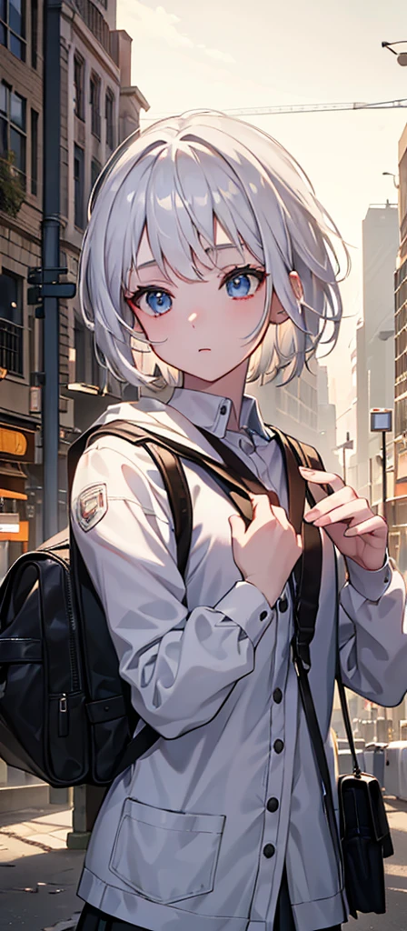 a beautiful young girl with medium-sized br easts, white hair, wearing a backpack,cinematic lighting, pho torealistic, extremely detailed, 8k, high resol ution, best quality, masterpiece