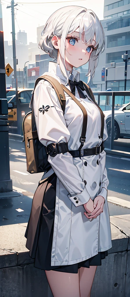 a beautiful young girl with medium-sized br easts, white hair, wearing a backpack,cinematic lighting, pho torealistic, extremely detailed, 8k, high resol ution, best quality, masterpiece