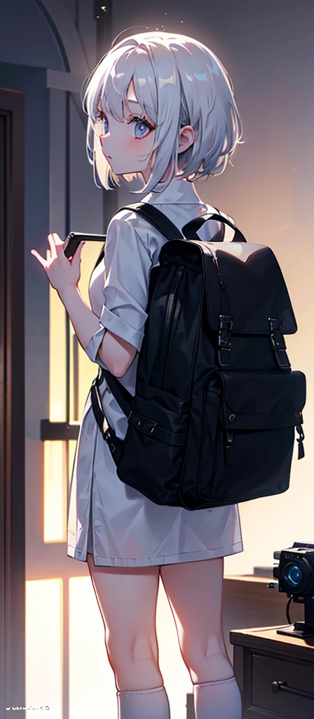 a beautiful young girl with medium-sized br easts, white hair, wearing a backpack,cinematic lighting, pho torealistic, extremely detailed, 8k, high resol ution, best quality, masterpiece