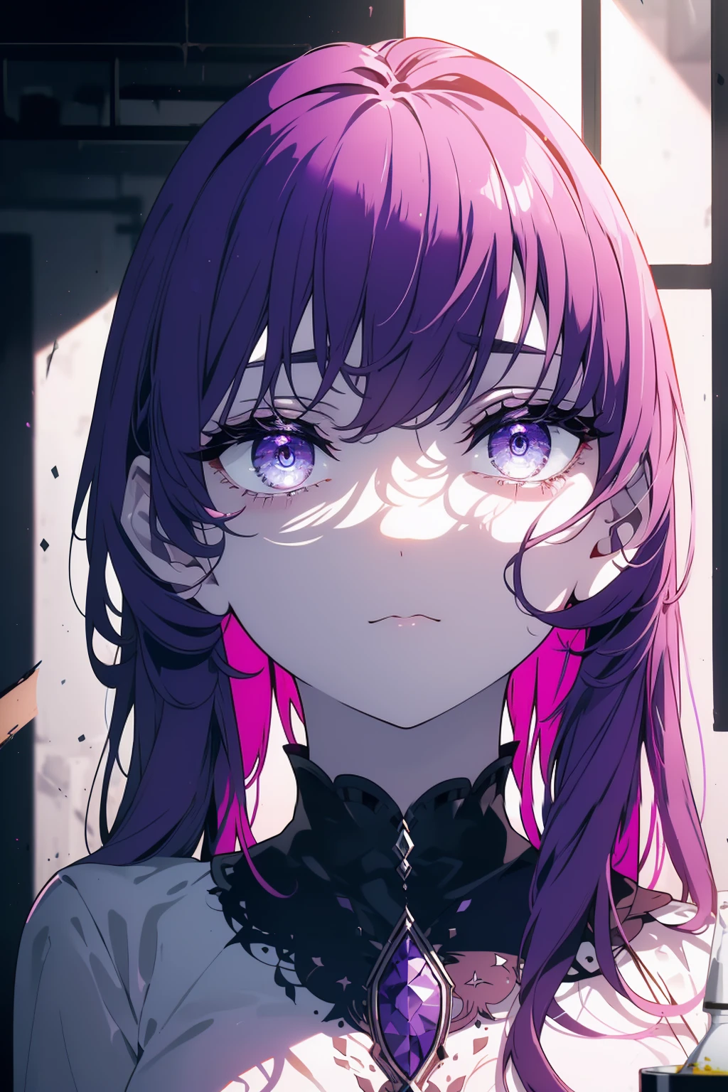 (Obra maestra, La mejor calidad, ultrahigh resolution), 1girl, standing, creative studio background, white blouse with paint splatters, colorful skirt, ((violet, violet hair:0.7), long wavy hair, fair skin, ((violet eyes)), glowing_eyes, neon eyes, (ultra detailed eyes, beautiful and detailed face, detailed eyes), ((centered)), cheerful expression, ((wide shot)), facing viewer, eye level, (blurry background, artistic studio, indoors), slender build, looking at viewer, ((bright eyes)), ((perfect hands)), (((head, arms, hips, elbows, in view))), ((holding a paintbrush)), energetic posture, beautiful lighting, defined subject, 25 years old,