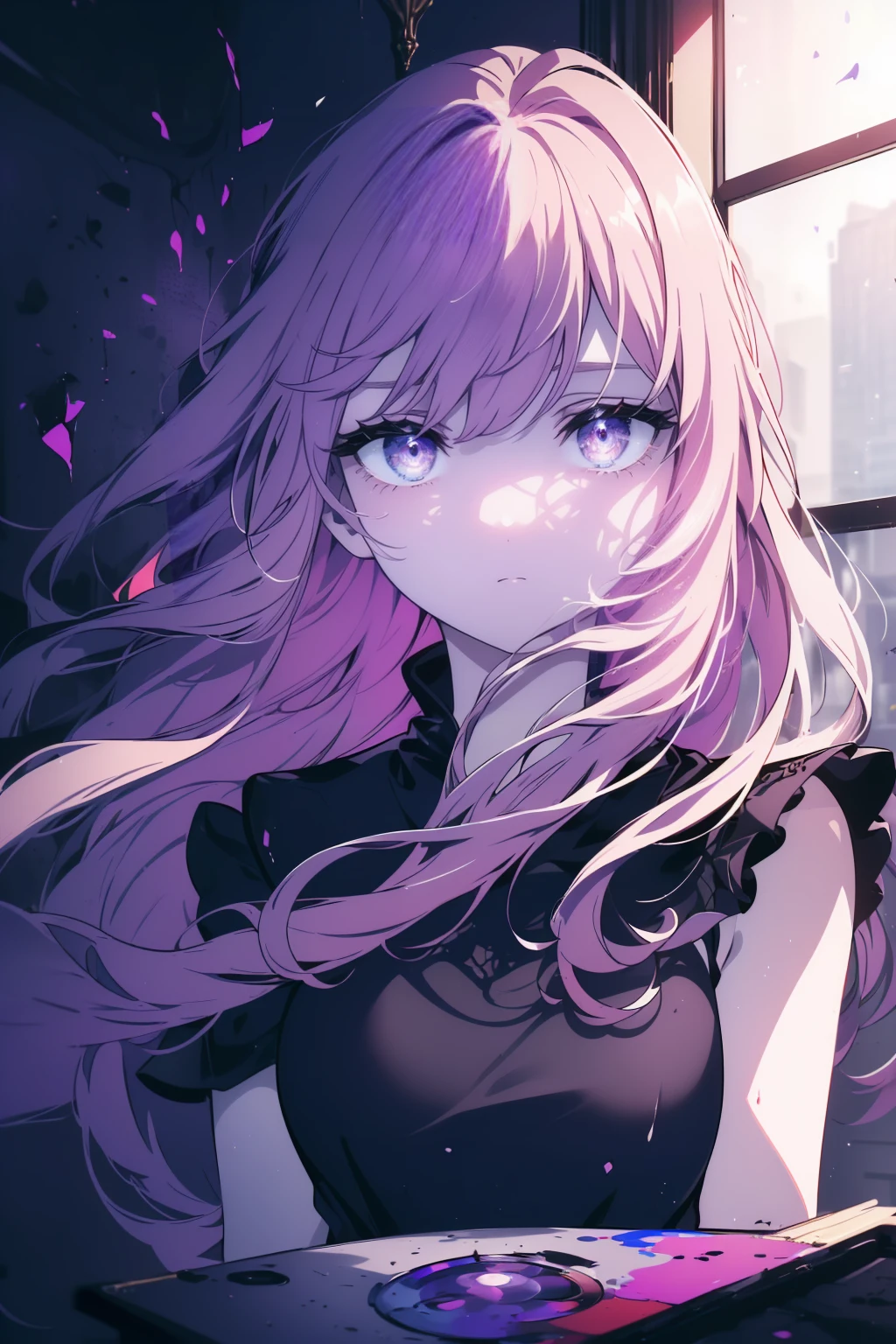 (Obra maestra, La mejor calidad, ultrahigh resolution), 1girl, standing, creative studio background, white blouse with paint splatters, colorful skirt, ((violet, violet hair:0.7), long wavy hair, fair skin, ((violet eyes)), glowing_eyes, neon eyes, (ultra detailed eyes, beautiful and detailed face, detailed eyes), ((centered)), cheerful expression, ((wide shot)), facing viewer, eye level, (blurry background, artistic studio, indoors), slender build, looking at viewer, ((bright eyes)), ((perfect hands)), (((head, arms, hips, elbows, in view))), ((holding a paintbrush)), energetic posture, beautiful lighting, defined subject, 25 years old,