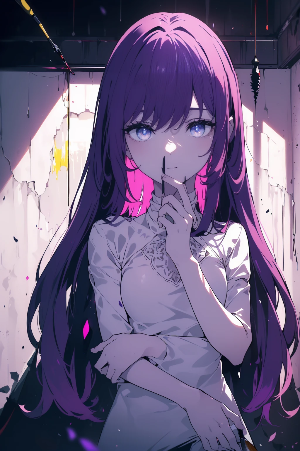 (Obra maestra, La mejor calidad, ultrahigh resolution), 1girl, standing, creative studio background, white blouse with paint splatters, colorful skirt, ((violet, violet hair:0.7), long wavy hair, fair skin, ((violet eyes)), glowing_eyes, neon eyes, (ultra detailed eyes, beautiful and detailed face, detailed eyes), ((centered)), cheerful expression, ((wide shot)), facing viewer, eye level, (blurry background, artistic studio, indoors), slender build, looking at viewer, ((bright eyes)), ((perfect hands)), (((head, arms, hips, elbows, in view))), ((holding a paintbrush)), energetic posture, beautiful lighting, defined subject, 25 years old,