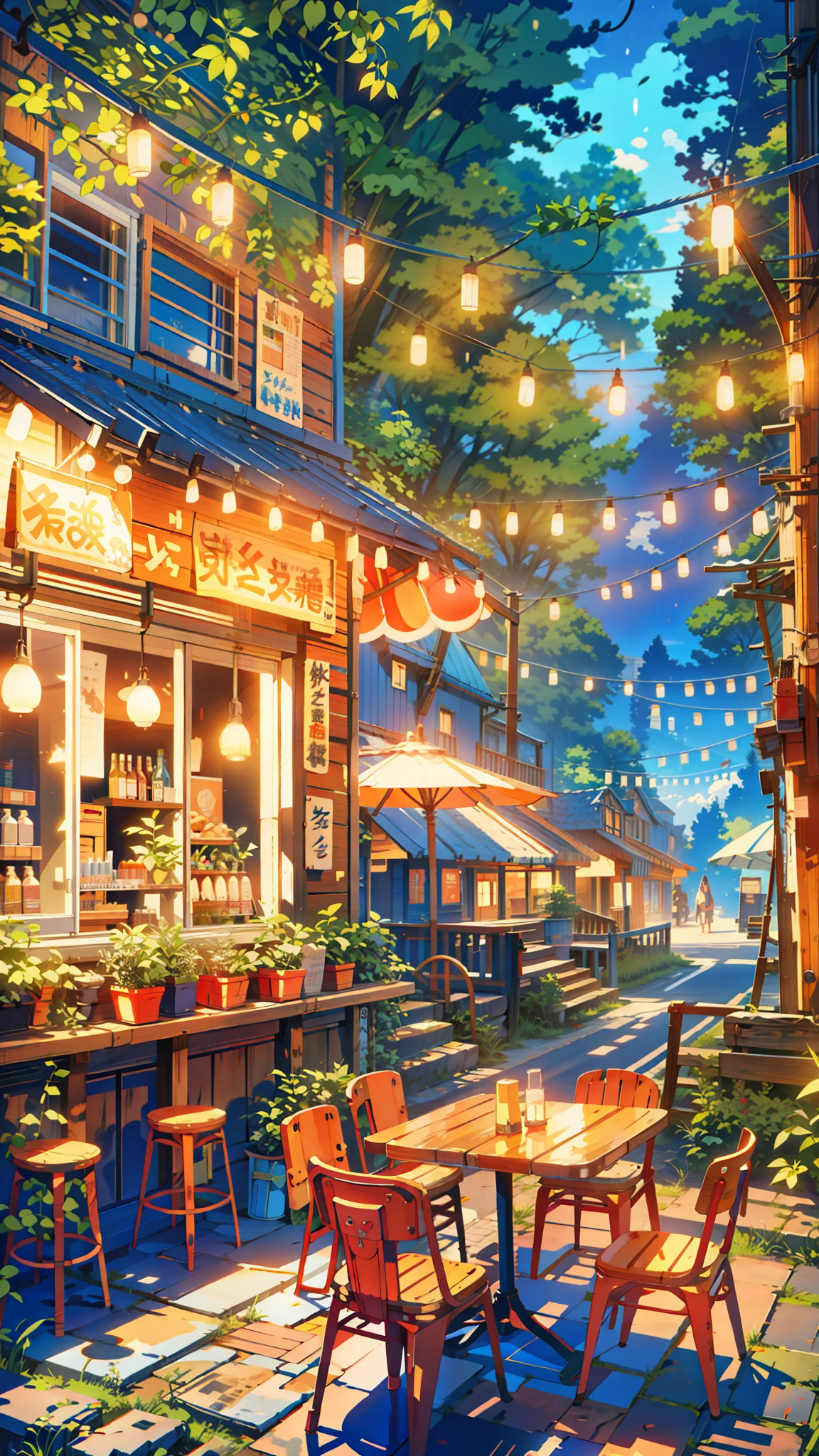 a street restaurant with tables and chairs in the woods, cozy cafe background, pleasant cozy atmosphere, anime atmospheric, dream atmosphere, cozy atmosphere, soft neon atmosphere, anime scenery, cgsociety 9, by Evgeny Lushpin, neon ambiance, dream - like atmosphere, neon ambience, dream-like atmosphere, beautiful kawaii lighting, anime asthetic, anime background, anime aesthetic, anime. by makoto shinkai, hd anime cityscape, anime scenery concept art, anime scenery, style of makoto shinkai, makoto shinkai art style, anime. by makoto shinkai, by Makoto Shinkai, by makoto shinkai, anime scenery, kyoto animation, 4k hd,, beautiful art uhd 4 k, a beautiful artwork illustration, beautiful digital painting, highly detailed digital painting, beautiful digital artwork, detailed painting 4 k, very detailed digital painting, rich picturesque colors, gorgeous digital painting, saturated, no human