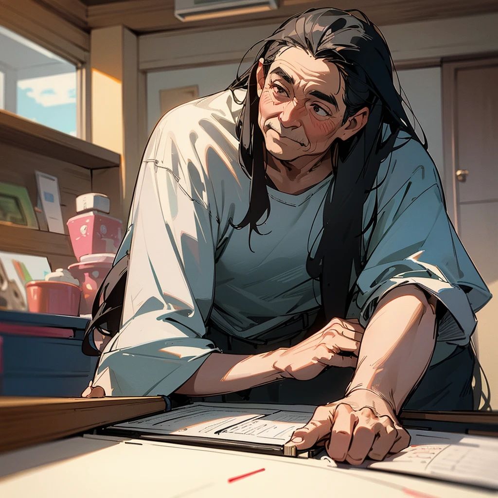 A 60-year-old slightly elderly man with an 18-year-old girl with long, black hair (draw for Father's Day)