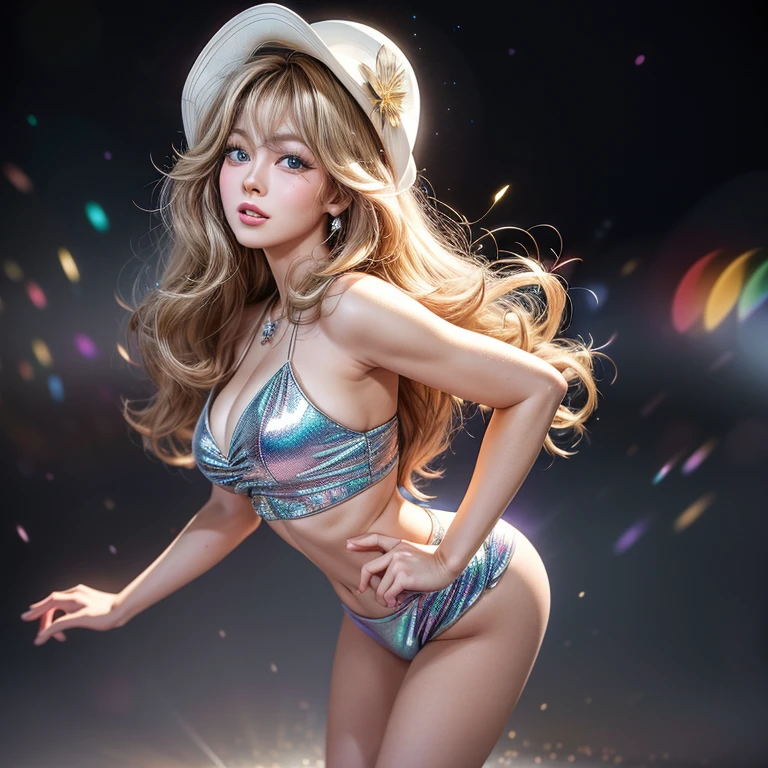 NSFW, 8k, High-level, absurd, masterpiece, best quality, primitive, very detailed CG, very detailed wallpaper, perfect lighting, Extremely detailed ((( personifying " Farrah Fawcett Majors " as a  Girl))), MysticSight, Tyndall effect, Tyndall scattering, (Studio gray background with (Overflowing oodles Dazzling RainbowColorParticles (BokeH))), (RoundlyButts, ThighGap), (Exposed:0.4), (Assfocus with looking ahead) BREAK  (Acutance:0.88), (NOGIZAKA face variations) Extremely Detailed very KAWAII face variations, perfect anatomy, Childish, CaptivatingGaze ElaboratePupils detailed Eyes with (sparkling highlights:1.28), (Voluminous LongEyelashes、GlossyRED Lips with beautiful details, RosyCheeks, Radiant PearlSkin with Transparency . { (Dynamic LifeLike expressions:1.4) | :d) }, (large eyes:-1) .