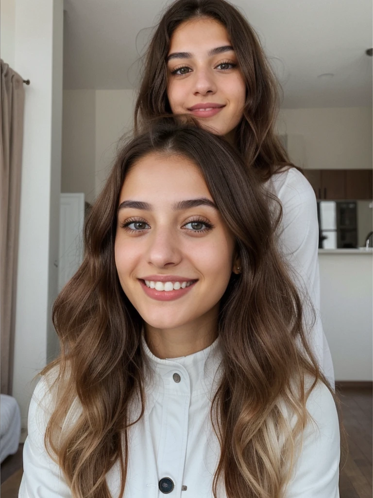 one cute women, 20YO, white, Arab, cute face, realistic brown eyes, blue jacket, brown hair, cute smile, skinny face, white realistic teethes, big eyes, long hair, at home