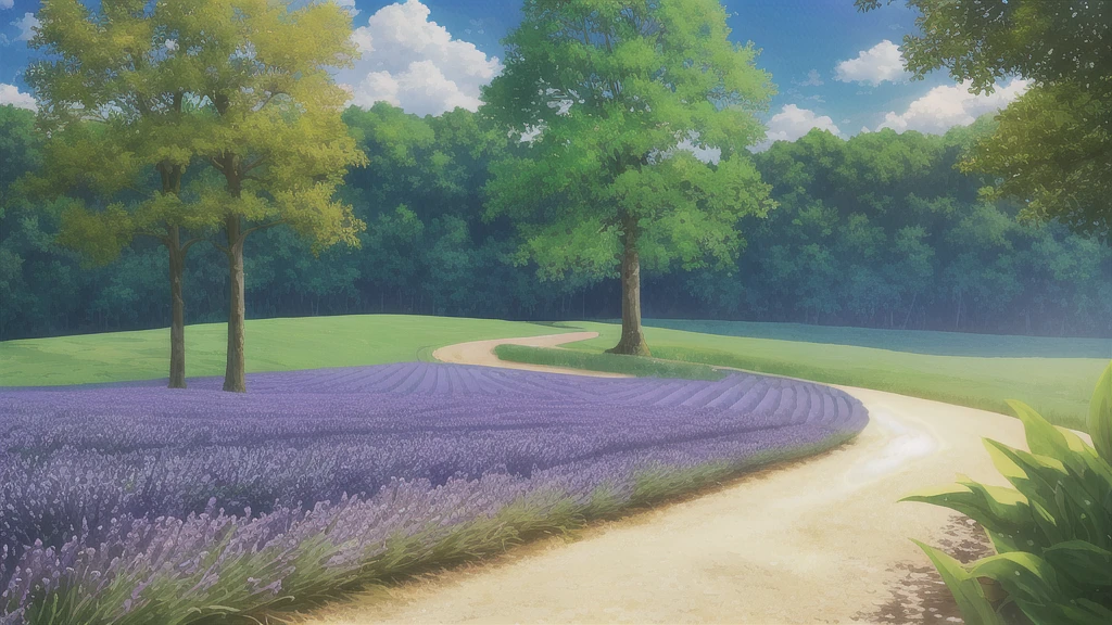 The scenery: forest, green fields, nice, blue sky, heart-pattern clouds, lavender flowers.
