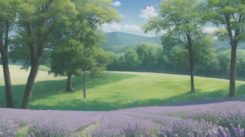 The scenery: forest, green fields, nice, blue sky, heart-pattern clouds, lavender flowers.