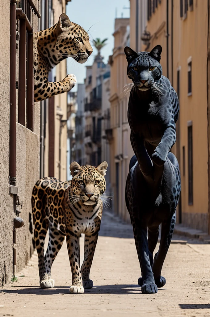 Una pareja de felinos caminando ergidos por la ciudad un jaguar masculino musculoso y una felina pantera negra con cuerpo fit