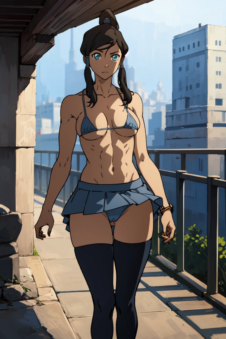 avatarkorra, korra, long hair, black hair, ponytail, dark skin, dark-skinned female, topknot, BREAK , BREAK looking at viewer, BREAK outdoors, BREAK (masterpiece:1.2), best quality, high resolution, unity 8k wallpaper, (illustration:0.8), (beautiful detailed eyes:1.6), extremely detailed face,  , (perfect hands, perfect anatomy), in full growth,the city in the background,(micro skirt,showing panties:1.4),(micro bikini, medium tits,thongs,stockings:1.2),heels, muscular,egs spread