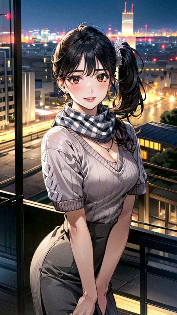 (masterpiece:1.3, Highest quality, Ultra-high resolution, Super detailed), (Realistic, photoRealistic:1.4), Beautiful illustrations, Perfect lighting, colorful, Depth of written boundary,
Beautiful detailed hair, Beautifully detailed face, Beautiful fine details, Beautiful clavicle, Beautiful body, 美しいLarge Breasts, Beautiful thighs, Beautiful feet, Beautiful fingers,
View Viewer、Front view:0.6, Beauty1人, Japanese, Beauty、30 years old, Perfect Face, (Perfect Anatomy, Anatomically correct), Cute and symmetrical face, Baby Face, , Shiny skin,
((Large checked scarf:1.4))、((sweater:1.4)),((Brown long skirt 1.4))
(Black Hair, Side Ponytail:1.4), Dark brown eyes, (Large Breasts), Slim body,
necklace, (Small earrings:1.3),
(Beautiful views), (night), (city, cityscape in the distance), Standing with good posture, A soft smile、(Smile, Lips parted),