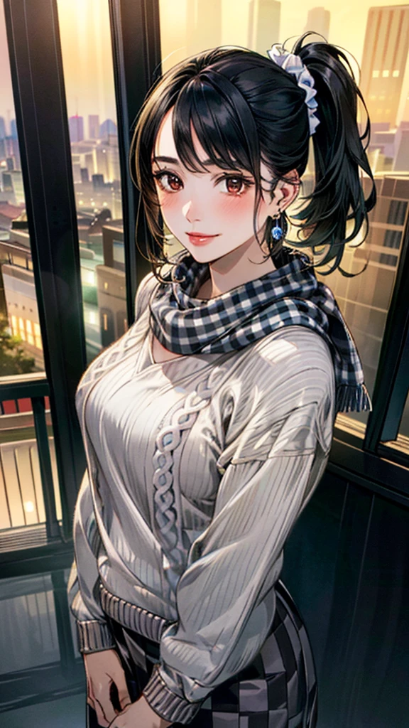 (masterpiece:1.3, Highest quality, Ultra-high resolution, Super detailed), (Realistic, photoRealistic:1.4), Beautiful illustrations, Perfect lighting, colorful, Depth of written boundary,
Beautiful detailed hair, Beautifully detailed face, Beautiful fine details, Beautiful clavicle, Beautiful body, 美しいLarge Breasts, Beautiful thighs, Beautiful feet, Beautiful fingers,
View Viewer、Front view:0.6, Beauty1人, Japanese, Beauty、30 years old, Perfect Face, (Perfect Anatomy, Anatomically correct), Cute and symmetrical face, Baby Face, , Shiny skin,
((Large checked scarf:1.4))、((sweater:1.4)),((Brown long skirt 1.4))
(Black Hair, Side Ponytail:1.4), Dark brown eyes, (Large Breasts), Slim body,
necklace, (Small earrings:1.3),
(Beautiful views), (night), (city, cityscape in the distance), Standing with good posture, A soft smile、(Smile, Lips parted),