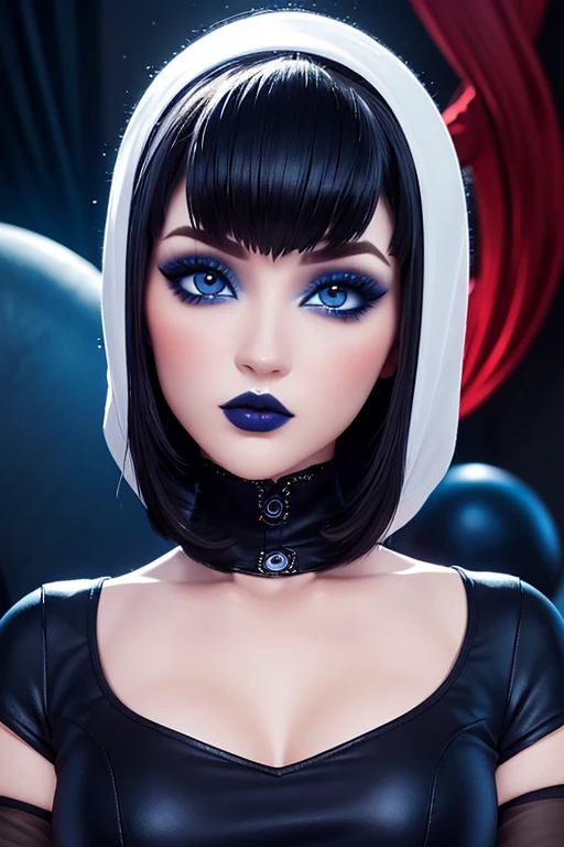 Obra maestra , ojos azules ,piel blanca, delineador sexy, coqueta y pervertida ,Extravagant brightly colored and elegant landscape designs ,gothic makeup full lips, solo face. Corte con flequillo estilo bob, 