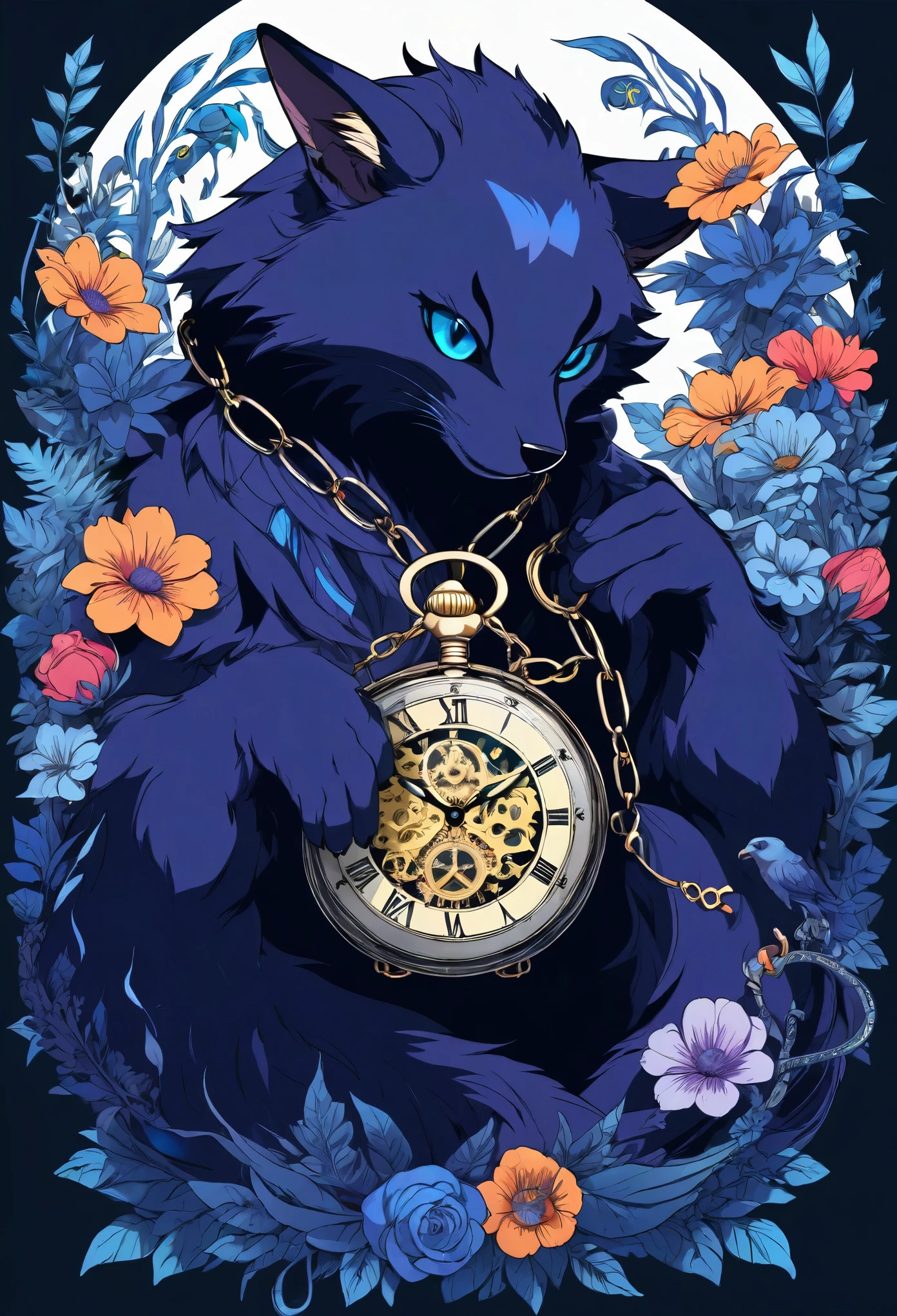 (best quality, high resolution, ultra-detailed)silhouett(kemono, furry anthro)holding striking pocket watch, surrounded by flowers, snakes and darkness, illustrative rendering, intricate details, mysterious atmosphere, vibrant colors, dynamic lighting , Gothic style,