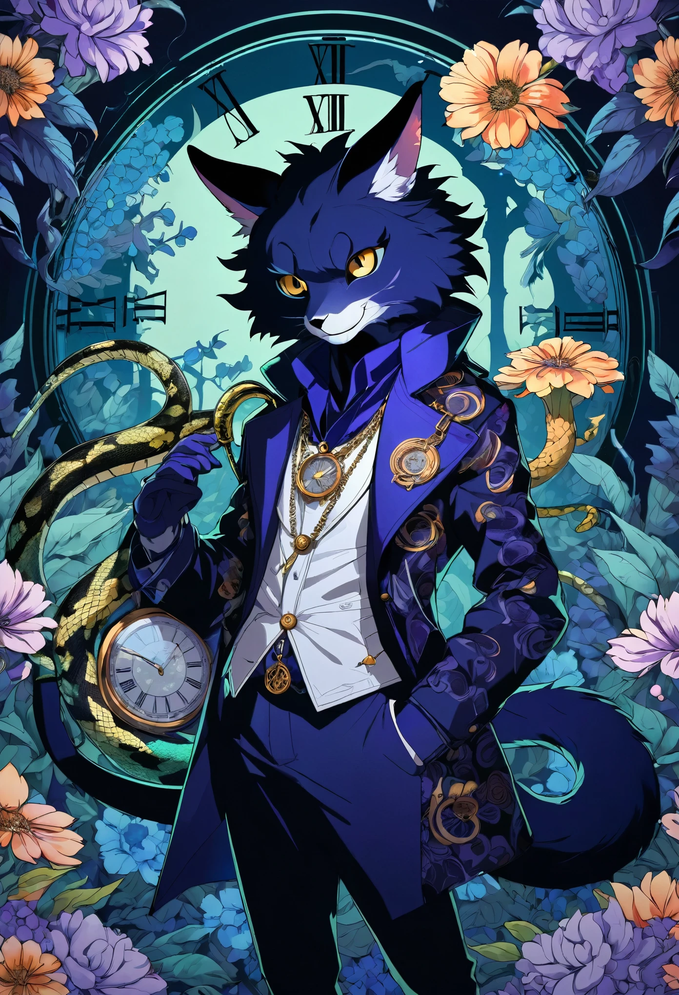 (best quality, high resolution, ultra-detailed)silhouett(kemono, furry anthro)holding striking pocket watch, surrounded by flowers, snakes and darkness, illustrative rendering, intricate details, mysterious atmosphere, vibrant colors, dynamic lighting , Gothic style,