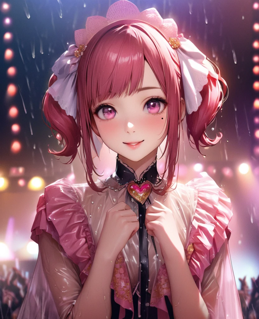 One Girl、Looking at the audience、lovely,
Beautiful pink eyes、short twin tail hair , Mole under the eye、Plump and glossy lips、Heart-shaped choca、Idol、Her name is Rico,smile、ー、。.。.。.。.。.。.。.。.。.。.。.。.。.。.。.。.。.。.3D、Realistic、
The idol's costume was soaked in the heavy rain, and her chest was wet and transparent.Heavy rain at outdoor concert, Drape clothes、gem、The decoration has been removed、Floral、Lace trim,On a glittering stage、
masterpiece、highest quality、8k、Detailed skin texture、Detailed cloth texture、Beautifully detailed face、Intricate details、Very detailed、
超A high resolution、8k Ultra HD、Film Grain、Best Shadow、delicate、Gazing at the audience、front