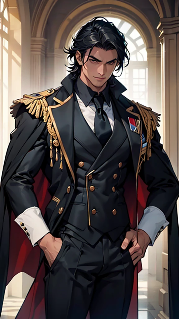 Big body, Man

1. Attire.
   - The figure is wearing a white double-breasted suit with a dark tie and a vest underneath. The suit is adorned with several buttons, and the overall appearance is very sharp and formal.
   - Over the suit, the figure has a large, dark fur-trimmed cape draped over the shoulders, adding a sense of grandeur and authority to the appearance.
   - The figure's right arm is holding a cane or a staff, indicating a possible sense of authority or power.

2. Pose.
   - The figure stands confidently with the left arm slightly bent and the hand resting on the hip, while the right arm holds the cane firmly.
   - The posture is upright and commanding, suggesting confidence and control.

3. Face and Head.
   - The head and face of the figure are not visible; they are shrouded in darkness or simply not drawn, which adds an element of mystery to the character.

4. Details.
   - The fur trim on the cape is detailed and appears luxurious, indicating high status or wealth.
   - The suit is well-fitted and meticulously designed, reinforcing the impression of a powerful and wealthy individual.

5. Body.
   - Big body, a mobster Man
   - Black hair

6. Place
   - In the kingdom of darkness 