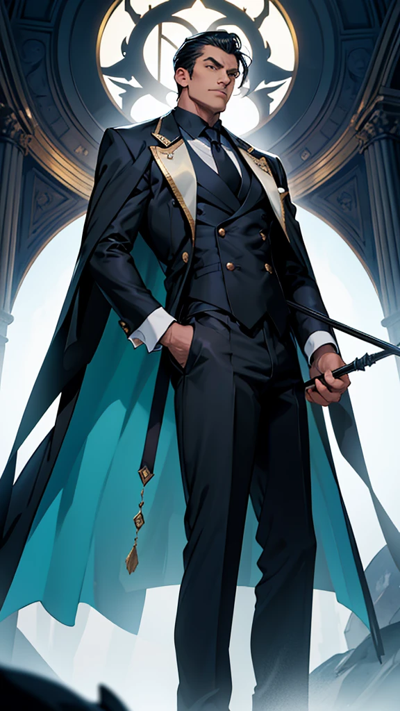 Big body, Man
1. Attire.
- The figure is wearing a white double-breasted suit with a dark tie and a vest underneath. The suit is adorned with several buttons, and the overall appearance is very sharp and formal.
- Over the suit, the figure has a large, dark fur-trimmed cape draped over the shoulders, adding a sense of grandeur and authority to the appearance.
- The figure's right arm is holding a cane or a staff, indicating a possible sense of authority or power.
2. Pose.
- The figure stands confidently with the left arm slightly bent and the hand resting on the hip, while the right arm holds the cane firmly.
- The posture is upright and commanding, suggesting confidence and control.
3. Face and Head.
- The head and face of the figure are not visible; they are shrouded in darkness or simply not drawn, which adds an element of mystery to the character.
4. Details.
- The fur trim on the cape is detailed and appears luxurious, indicating high status or wealth.
- The suit is well-fitted and meticulously designed, reinforcing the impression of a powerful and wealthy individual.
5. Body.
- Big body, a mobster Man
- Black hair
6. Place
- In the kingdom of darkness