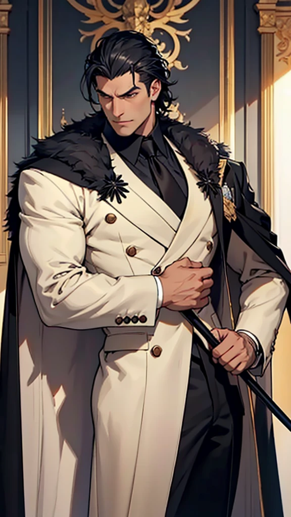 Big body, Man

1. Attire.
   - The figure is wearing a white double-breasted suit with a dark tie and a vest underneath. The suit is adorned with several buttons, and the overall appearance is very sharp and formal.
   - Over the suit, the figure has a large, dark fur-trimmed cape draped over the shoulders, adding a sense of grandeur and authority to the appearance.
   - The figure's right arm is holding a cane or a staff, indicating a possible sense of authority or power.

2. Pose.
   - The figure stands confidently with the left arm slightly bent and the hand resting on the hip, while the right arm holds the cane firmly.
   - The posture is upright and commanding, suggesting confidence and control.

3. Face and Head.
   - The head and face of the figure are not visible; they are shrouded in darkness or simply not drawn, which adds an element of mystery to the character.

4. Details.
   - The fur trim on the cape is detailed and appears luxurious, indicating high status or wealth.
   - The suit is well-fitted and meticulously designed, reinforcing the impression of a powerful and wealthy individual.

5. Body.
   - Big body, a mobster Man
   - Black hair

6. Place
   - In the kingdom of darkness 