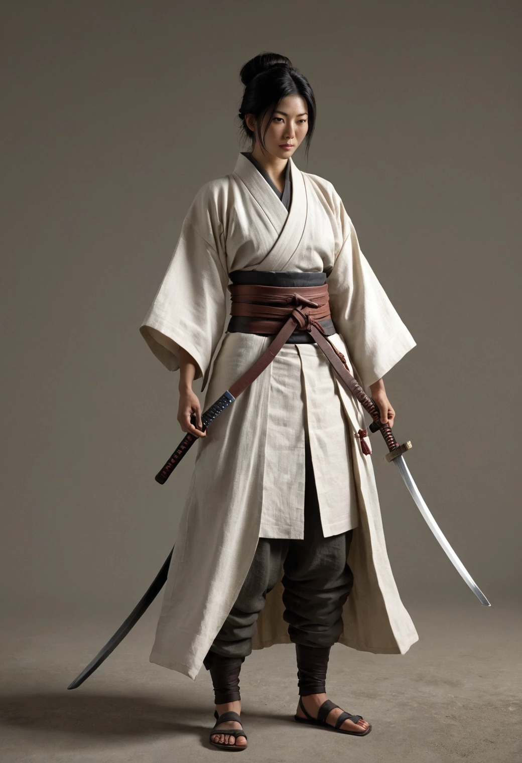 old japanese ronnin, samourai medieval ronnin com katana, 1woman standing, (corpo todo:1.5), hero pose,exaggerated proportions, intricado character design, sentimento de nostalgia, recursos exagerados, Memorable visuals, consistente, coerente, cativante, (olhos limpos:1.2), (olhos altamente detalhados:1.2), highly detailed hands, piso detalhado, soco texturizado, Dusty floor, intricado shoes, obra de arte, intricado, obra de arte, intricado, (fundo simples, fundo preto:1.5), rim lighting, Pouca luz,"textura detalhada da pele, tecidos altamente detalhados, precise linen, accurate collision textures, absurd resolution textures, alto brilho, reflexo perfeito, intricado surfaces, underground dispersal, ambient occlusion, subtle scratches, imperfections, sombra suave, detalhe insano, pontos e costuras detalhadas, intricado leather"