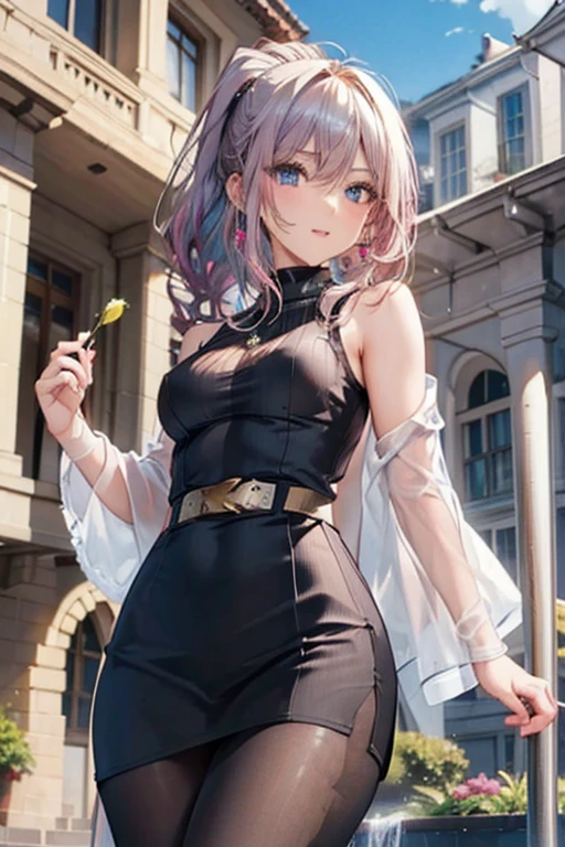 #Basics A girl is posing for a photo, animeのかわいい女の子, (((One Girl, Baby Face, ))),
BREAK
#Clothing Accessories
((Black high neck top : Sheer black mesh from neck to sleeves), Black tight pencil skirt + Gold Belt + Black Pantyhose + Black High Heels),
(big silver necklace, Silver hoop earrings),
BREAK
#Features
(Matte pink hair:1.4, Deco bangs:1.4, Chest-length sideburns, ponytail : Hair fluttering in the wind + Very long hair + Curly, voluminous hair that spreads out to the sides),
(Droopy eyes,blue eyes), (Small breasts),
BREAK
#expression
(smug face, Wicked Smile),
#background environment
((noon, Sunshine + garden + fountain + Plants)),
#composition
(Turning your body to the viewer:1.4, from below:1.4, Cowboy Shot:1.4),
BREAK
#Body parts elements
(Beautiful Hair,Shiny Hair),
(double eyelid, Long eyelashes),
(Expression of fine eyes, Beautiful and delicate eyes, Sparkling eyes, Eye Reflexes),
(Human Ear),
(Beautiful Nose, Thin Nose),
(Glossy lips, Beautiful Lips, Thick lips), (Symmetrical facial features),
(Detailed skin, Textured skin, Beautiful Skin),
BREAK
#Quality
(((Highest quality)), ((masterpiece)), ((Very detailed))), ((High resolution), (16k,1080p)),
(Realistic), (Anatomically correct),
((comics, anime)), (3DCG), CG illustration,