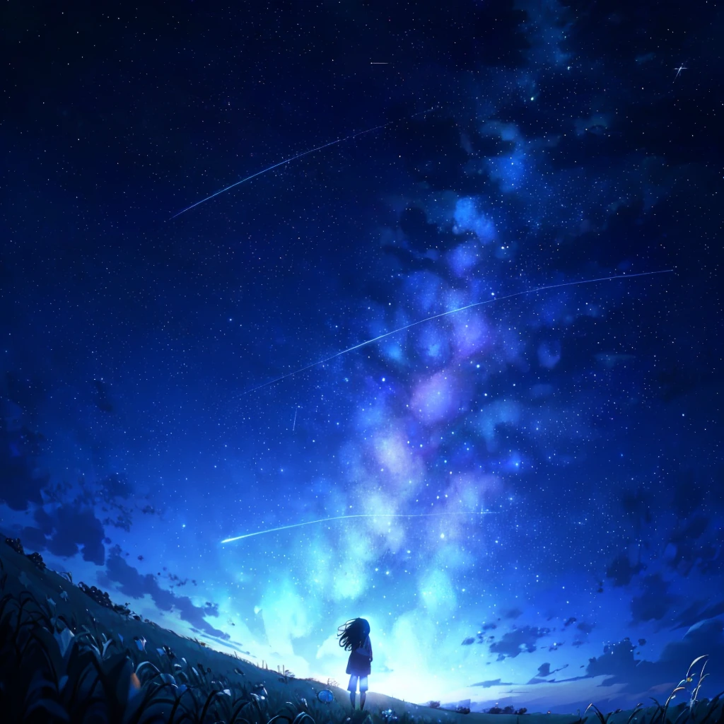starry night sky with a person standing on a hill looking at the stars, cosmic skies. by makoto shinkai, star(sky) starry_sky, anime movie background, 4k anime wallpaper, starry sky 8 k, beautiful wallpaper, starry sky, amazing wallpaper, anime wallpaper 4k, anime wallpaper 4 k, makoto shinkai!