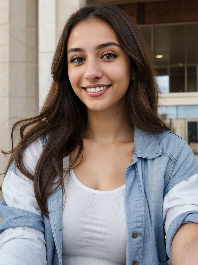 one cute women, 20YO, white, Arab, cute face, realistic brown eyes, blue jacket, brown hair, cute smile, skinny face, white realistic teethes, big eyes, long hair