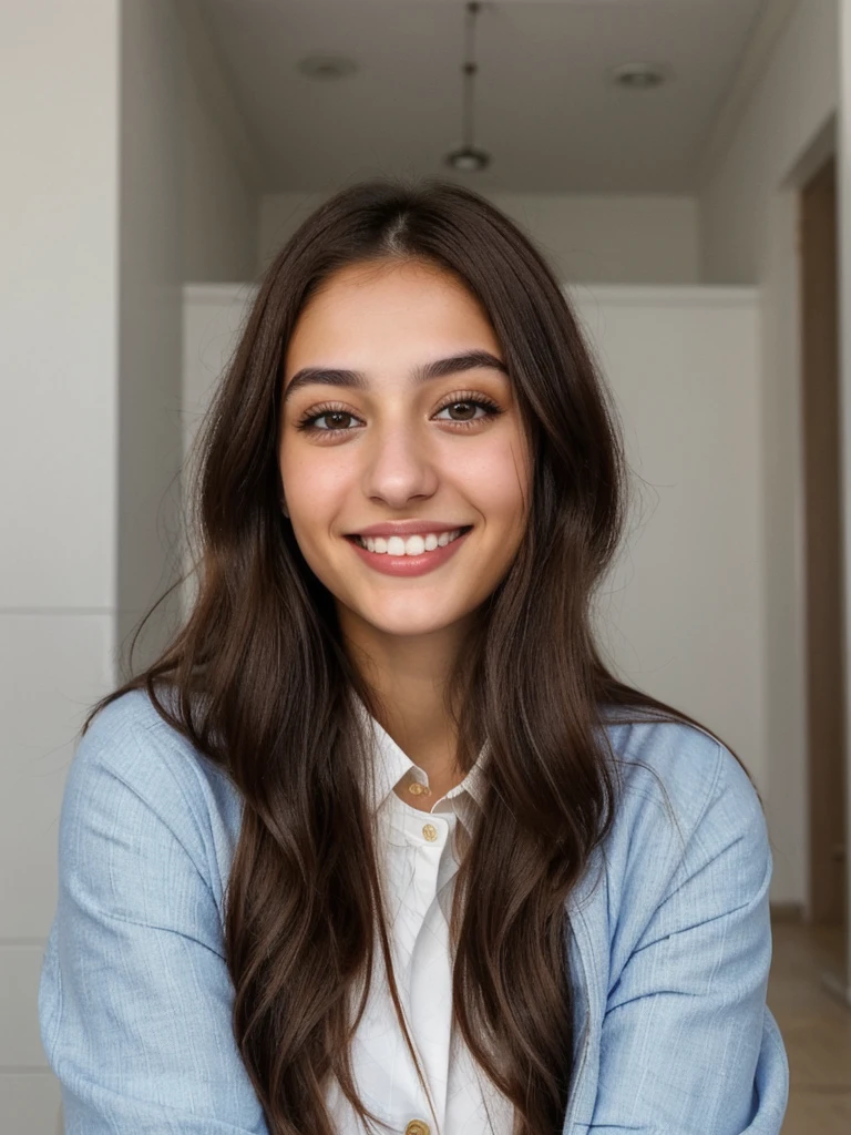 one cute women, 20YO, white, Arab, cute face, realistic brown eyes, blue jacket, brown hair, cute smile, skinny face, white realistic teethes, big eyes, long hair