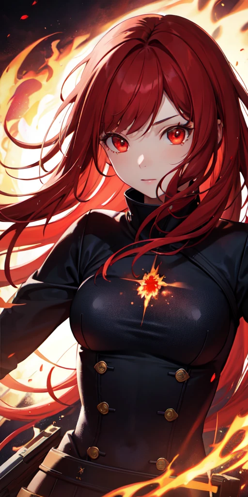 1girl, red hair, re eyes, fire witch, blood, light particles, light rays, wallpaper, high contrast, colorful,