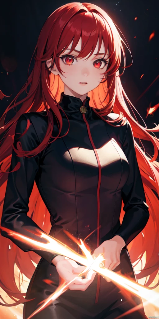 (masterpiece), (8k wallpaper, masterpiece), (1 girl), (long crimson hair:1.1), (black hooded jacket:1.1), (black shirt:1.1), (black shorts:1.1), (black tights socks:1.1), (glowing rune engravement on chest), (glowing crimson left eye:1), (glowing blue right eye:1), (fingerless gloves:1.1), red and black tone, big breasts, (crimson horns:1), fire witch, (blue flame particles), (red flame particles), (black background), high contrast