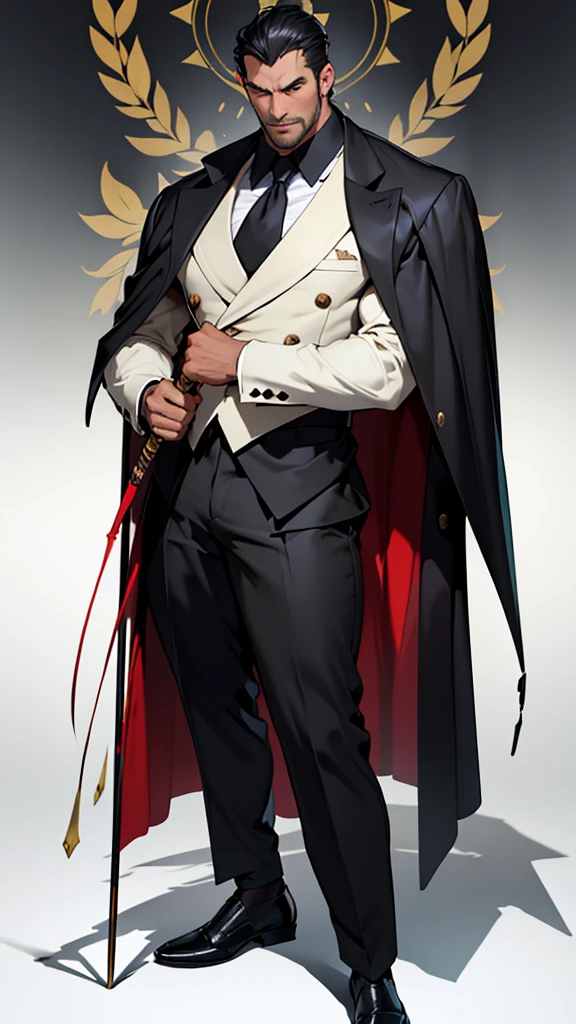 Big body, Man
1. Attire.
- The figure is wearing a white double-breasted suit with a dark tie and a vest underneath. The suit is adorned with several buttons, and the overall appearance is very sharp and formal.
- Over the suit, the figure has a large, dark fur-trimmed cape draped over the shoulders, adding a sense of grandeur and authority to the appearance.
- The figure's right arm is holding a cane or a staff, indicating a possible sense of authority or power.
2. Pose.
- The figure stands confidently with the left arm slightly bent and the hand resting on the hip, while the right arm holds the cane firmly.
- The posture is upright and commanding, suggesting confidence and control.
3. Face and Head.
- The head and face of the figure are not visible; they are shrouded in darkness or simply not drawn, which adds an element of mystery to the character.
4. Details.
- The fur trim on the cape is detailed and appears luxurious, indicating high status or wealth.
- The suit is well-fitted and meticulously designed, reinforcing the impression of a powerful and wealthy individual.
5. Body.
- Big body, a mobster Man
- Black hair
6. Place
- In the kingdom of darkness