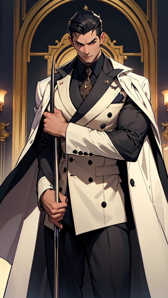Big body, Man
1. Attire.
- The figure is wearing a white double-breasted suit with a dark tie and a vest underneath. The suit is adorned with several buttons, and the overall appearance is very sharp and formal.
- Over the suit, the figure has a large, dark fur-trimmed cape draped over the shoulders, adding a sense of grandeur and authority to the appearance.
- The figure's right arm is holding a cane or a staff, indicating a possible sense of authority or power.
2. Pose.
- The figure stands confidently with the left arm slightly bent and the hand resting on the hip, while the right arm holds the cane firmly.
- The posture is upright and commanding, suggesting confidence and control.
3. Face and Head.
- The head and face of the figure are not visible; they are shrouded in darkness or simply not drawn, which adds an element of mystery to the character.
4. Details.
- The fur trim on the cape is detailed and appears luxurious, indicating high status or wealth.
- The suit is well-fitted and meticulously designed, reinforcing the impression of a powerful and wealthy individual.
5. Body.
- Big body, a mobster Man
- Black hair
6. Place
- In the kingdom of darkness