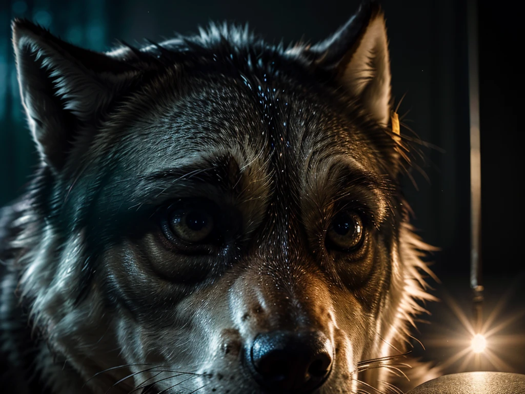 Create an amazing photo manipulation, fully realistic and detailed, manipulation of a wolf staring at man in a glow light, highly realistic, 8k quality