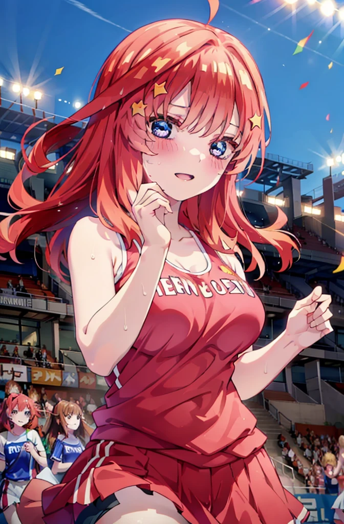 itsukinakano, Itsuki Nakano, bangs, blue eyes, hair between eyes, Ahoge, Redhead, star \(symbol\), happy smile, smile, Open your mouth,hair ornaments, star hair ornaments,(cheer leading), (whole body), Big Breasts, Lower, (Sweaty), Sweaty Wet Clothes (Red clothes),  No sleeve,Belly button support, playground, (Jump), (Jump), 足を曲げてJumpする, air, blue sky, Grass原, smileのチアリーダー, Pom-pom \(cheer leading\), Grass, whole bodyがイラストに入るように,
break outdoors, Stadium,
break looking at viewer, whole body,
break (masterpiece:1.2), Highest quality, High resolution, unity 8k wallpaper, (shape:0.8), (Fine and beautiful eyes:1.6), Highly detailed face, Perfect lighting, Highly detailed CG, (Perfect hands, Perfect Anatomy),