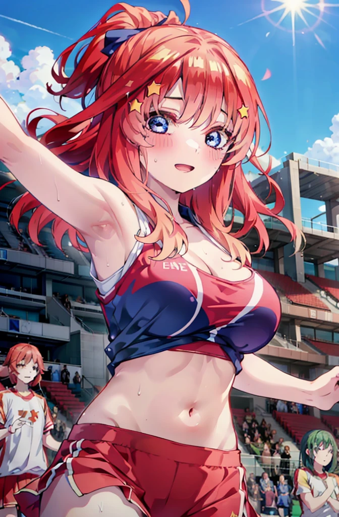 itsukinakano, Itsuki Nakano, bangs, blue eyes, hair between eyes, Ahoge, Redhead, star \(symbol\), happy smile, smile, Open your mouth,hair ornaments, star hair ornaments,(cheer leading), (whole body), Big Breasts, Lower, (Sweaty), Sweaty Wet Clothes (Red clothes),  No sleeve,Belly button support, playground, (Jump), (Jump), 足を曲げてJumpする, air, blue sky, Grass原, smileのチアリーダー, Pom-pom \(cheer leading\), Grass, whole bodyがイラストに入るように,
break outdoors, Stadium,
break looking at viewer, whole body,
break (masterpiece:1.2), Highest quality, High resolution, unity 8k wallpaper, (shape:0.8), (Fine and beautiful eyes:1.6), Highly detailed face, Perfect lighting, Highly detailed CG, (Perfect hands, Perfect Anatomy),